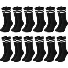 Nilya Unisex Siyah Çorap Beyaz Çizgili 12'li Set Uzun Soket Günlük Spor Kolej Stil Kadın Erkek Çorabı
