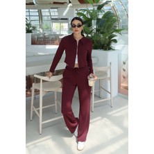 Kechi Woman Oysho Kumaş Polo Yaka Çift Fermuarlı Takım Bordo