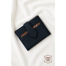 Hatun Atila %100 Hakiki Deri Lacivert Çıtçıtlı Çoklu Kart Bölmeli Kağıt Para Bölmeli Erkek / Kadın Cüzdan Kartlık Lacivert