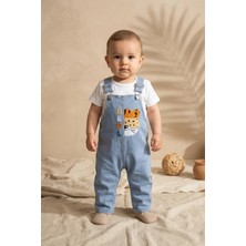 Baby Bu Bebek Denim Salopet ve Beyaz Tişört Takımı - Safari Nakışlı Pamuklu Jean Bahçıvan Tulum Seti - Açık Mavi