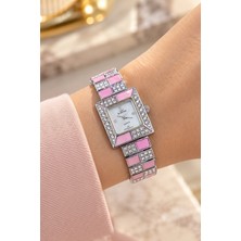 Rubenis Swiss Kadın Kol Saati 22X18 mm Kristal Taşlı Çelik Kasa ve Bilezik Pembe Sedef Detaylı