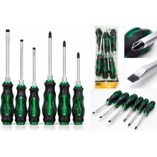OEM 6 Parça Tornavida Seti Siyah Yeşil Ergonomik Saplı Düz ve Yıldız Tornavida Takımı