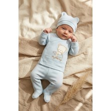 Babycan Lulla Cloud Bebek Mavi Ayıcık Nakışlı 3'lü Hastane Çıkışı Seti - %100 Pamuklu Jakarlı Zıbın, Patikli Alt ve Şapka
