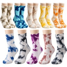 Nilya Unisex Batik Spor Çorap 10'lu Set Tie Dye Tenis Çorabı Koyu Retro Renkler Günlük Rahat Konforlu Stil