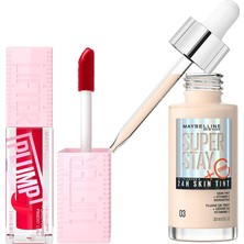 Die Grup Maybelline New York Lifter Plump Dudak Parlatıcısı- 004 Red Flag & Super Stay Skin Tint Fondöten - 03 Makyaj Seti