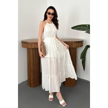 Maxi Modena Ekru Halter Yakalı Kuşaklı Elbise - Ekru