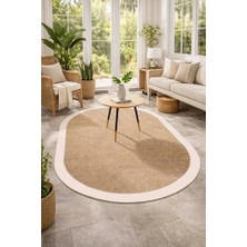 Mabeba Tekstil Bej Jute Oval Premium  Yıkanabilir Modern Dijital Baskı Mutfak Salon Halısı Kaydırmaz  Taban CH455