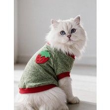 Kemique Çilek Tadında Kedi Sweatshirt Yeşil Kırmızı Sıcak Tutan Yumuşak Kedi Kıyafeti