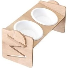 SBN - Store Prime Ayarlanabilir Ahşap 2 Plastik Taslı Kedi ve Köpek Mama ve Su Kabı Beyaz