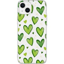 Mobilpad iPhone 14 Uyumlu Yeşil Kalpler Desenli Şeffaf Telefon Kılıfı