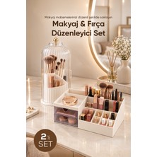 Vienev 2'li Makyaj Düzenleyici Seti Fanus Kapaklı Fırçalık ve 11 Bölmeli Çekmeceli Kozmetik Organizer Seti