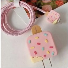 SBN - Store Prime 18W/20W ile Uyumlu Pembe Dondurma Şarj Başlığı 3D Şarj Başlığı ve Kablo Koruyucu Set