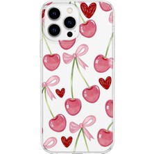 Mobilpad iPhone 15 Pro Uyumlu Kiraz ve Kalp Desenli Şeffaf Telefon Kılıfı