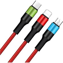 SBN - Store Prime 3 In 1 Hızlı Şarj Kablosu, Örgülü 1.2m Kırmızı, Lightning, Type-C, Micro Usb, 3A Güçlü Dayanıklı Kablo, Ios ve Uyumlu