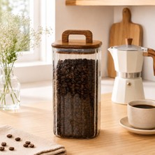 Str Store 1500 ml Kare Line Cam Kavanoz – Ahşap Kapaklı, Kulplu, Şeffaf Kuru Gıda Saklama Kabı