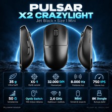 Pulsar X2 Crazylight 8k Hz Xs-1 Sensör Jet Black Kablosuz Size 1 Mini Simetrik Gaming Mouse (PX2CL107)