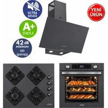 AFM Tech Afm & Ferre Marka D088-SA Sessiz Art Antrasit/gri Turbo Dijital Cam 3'lü Ankastre Set Fırın+Ocak+Davlumbaz