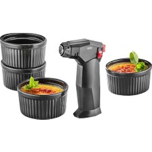 Gefu Zuca Crème‑brûlée Seti, 5 Parça, Alev Ayarlı ve Çocuk Emniyetli Gazlı Brülör, 4 Seramik Kase, Ayak