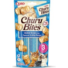 Die Grup Churu Bites - Ton Balığı ve Deniz Tarağı Isırık Kedi Ödülü, Tavuk Kaplaması - Kabarık ve Kremalı - 3 Tüp x 10 G