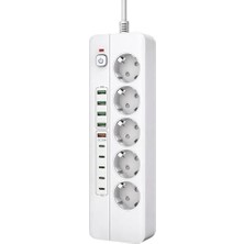 Die Grup Smayling 5'li Akım Korumalı Priz | 5x Usb-A + 5x Type-C | 3500W Güç | Qc 20W Hızlı Şarj | Açma Kapama Anahtarlı | 2 Metre Kablo