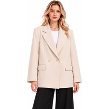 Kruvaze Düğmeli Kapak Cepli Geniş Yaka Blazer Ceket