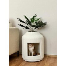 Die Grup 43X45 cm Beyaz Dekoratif Kedi Evi Tuvaletli Modern Sehpa Bitkili