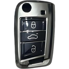 Die Grup Autohan Keys Volkswagen Golf 7, Golf 7.5, Tiguan, Polo, T-Roc, T-Cross Için Lüks Nano Anahtar Koruma Kılıfı, Krom Siyah Renk