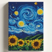 Die Grup Sayılarla Boyama Tuval Hobi Seti Yıldızlı Gece Ayçiçeği Temalı Fırça ve Boya Dahil Set (Çıtalı) 50X70 cm Kendin Yap Sayılarla Tuval Boya Kiti (Kasnaklı)