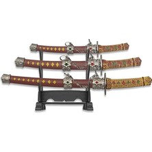 Japon Temalı 3'lü Mini Katana Samurai Zarf Açacağı ve Masaüstü Dekor Seti – Kaideli Mini Süs Kılıçları, Metal Görünümlü Koleksiyonluk Ofis Aksesuarı, Anime & Oyun Temalı Hediyelik Obje