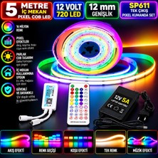 Powerr Led Aydınlatma 5m 12V 12MM 720 Ledli Iç Mekan Pixel Cob LED 5A Laptop Adaptör SP611 Tek Çıkış Pixel Kumandalı Set