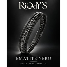 Riody's Ematite Nero Erkek Bileklik Doğal Hematit Taşlı Siyah Deri Çelik Kilit