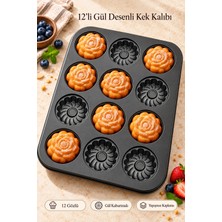 Tilbe Home 12'li Gül Kabartma Muffin Kalıbı Yapışmaz Cupcake Kek Kapsül Brownie Fırın Tepsisi Paslanmaz Siyah