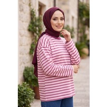 Ebru Tesettür Çizgili Bisiklet Yaka Tunik Pudra