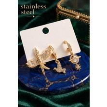 Stainless Steel Pirinç Gold Renk Zirkon Taşlı 3'lü Kuş Model Küpe Set