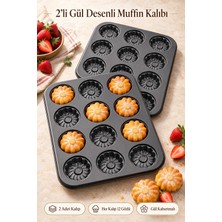 Tilbe Home 2'li Gül Kabartma 12'li Muffin Kalıbı Yapışmaz Cupcake Kek Kapsül Brownie Fırın Tepsisi Paslanmaz