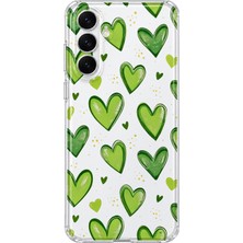 Mobilpad Samsung Galaxy S24 Plus Uyumlu Yeşil Kalpler Desenli Şeffaf Telefon Kılıfı