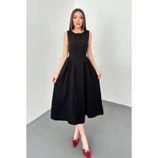 Maxi Modena Siyah Yanları Büzgülü Midi Boy Keten Elbise - Siyah