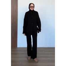 Düşük Omuzlu Dikey Fitilli Oversize Triko Hırka ve Bol Paça Pantolon Takım