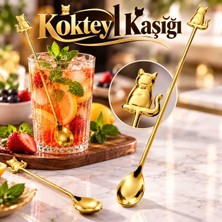Kea Ev Eşyaları Kokteyl Kaşığı 22 cm Kedi Figürlü Altın Renkli Mocha Kahve Karıştırma Kaşığı Premium Tasarım
