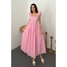 Maxi Modena Pembe Dantelli Brode Elbise - Pembe