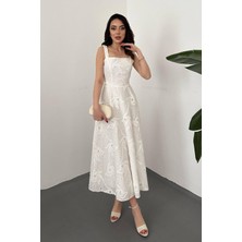 Maxi Modena Beyaz Arkası Korse Detaylı Uzun Elbise - Beyaz