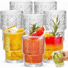 8'li Paket Vintage Içme Bardağı, Romantik Kabartmalı Su Suyu Cam Bardak Bardağı, Şeffaf Istiflenebilir Kahve Kokteyl Bar Içecekler, Çay, Süt, Yoğurt,