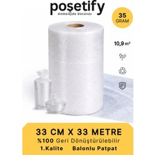Poşetify 33 cm x 33 M Balonlu Naylon Patpat | 1.sınıf | 3 Katlı | 10,9m2 | 35 Gr/m² | Kalın Paketleme Rulosu