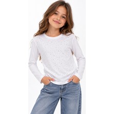 İrem Çocuk Giyim Kız Çocuk Üzeri Taş Modelli Uzun Kollu Beyaz Renk Penye (Ince) Sweatshirt