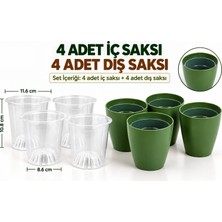 Hüskon Ticaret 4’lü Yeşil Dekoratif Saksı Seti – 4 Adet Iç Saksı + 4 Adet Dış Saksı