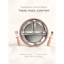 Pandish Çelik Bölmeli Vakum Tabanlı Mama Tabağı & Çelik Uçlu Silikon Saplı Kaşık Çatal Seti