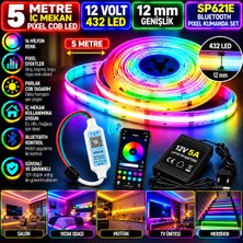 Powerr Led Aydınlatma 5m 12V 12MM 432 Ledli Iç Mekan Pixel Cob LED 5A Laptop Adaptör SP621 Bluetooth Pixel Kumandalı Set
