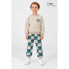 Poyraz Kids Erkek Çocuk Baskılı Sweatshirt ve Damalı Pantolon 2’li Takım T-132