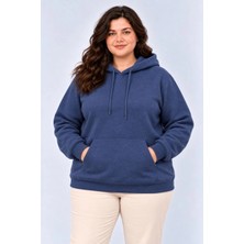 Tarz Yeri Kadın Battal Büyük Beden Üç Iplik Içi Şardonlu Kapüşonlu Kanguru Cepli Kışlık Sweatshirt - Lacivert