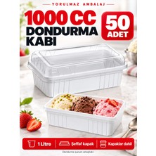 Yorulmaz Ambalaj 1000 cc Şeffaf Kapaklı Beyaz Dondurma Kabı 50’li – 1 Litre Dikdörtgen Plastik Kap